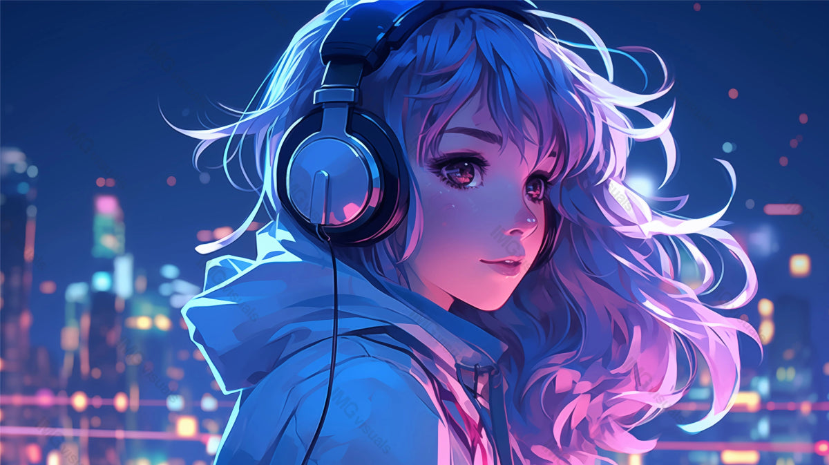 Anime girl with headphones overlooking neon-lit cityscape ai generated 2D cartoon illustration. Metropolis night lofi wallpaper background lo-fi art. Electronic soundtrack flat image cozy chill vibe