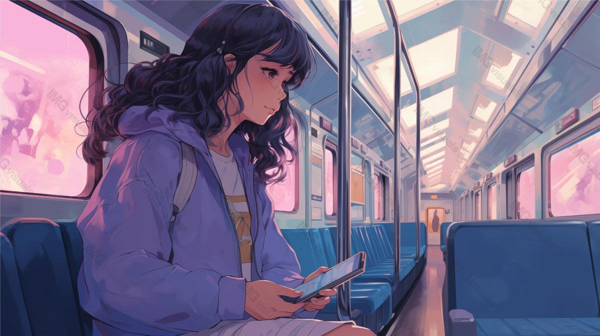 Anime girl with smartphone during pink sunset commute ai generated 2D cartoon illustration. Commuter train lofi wallpaper background lo-fi art. Daily routine, solitary travel flat image chill vibe