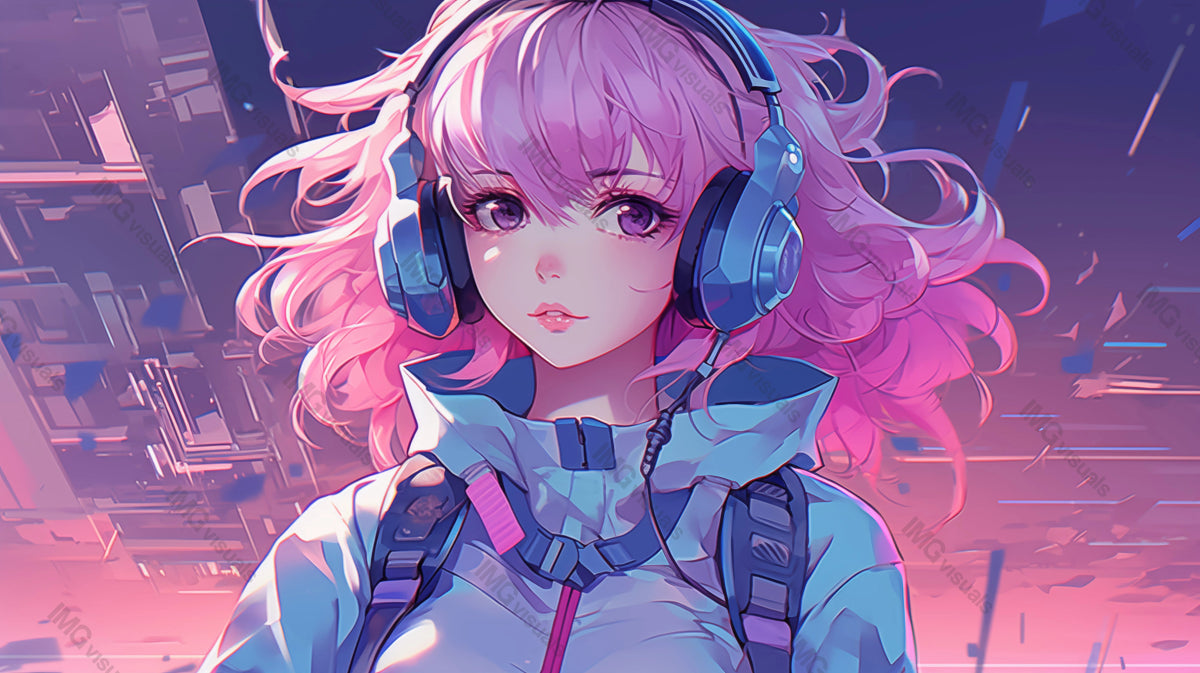 Anime girl with vibrant pink hair and headphones ai generated 2D cartoon illustration. Neon-lit urban backdrop. Music lover lofi wallpaper background lo-fi art. Cyberpunk vibes flat image chill vibe