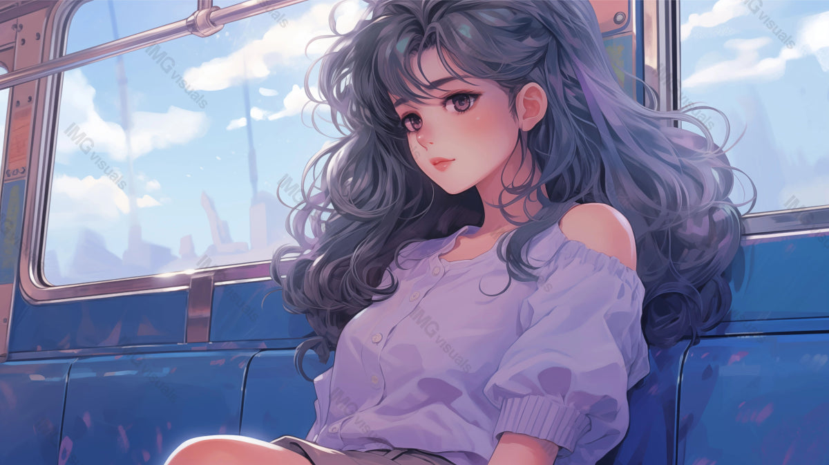 Anime girl with wavy hair seated pensively on bus ai generated 2D cartoon illustration. Commuter train lofi wallpaper background lo-fi art. Cityscape clouds through window flat image cozy chill vibe