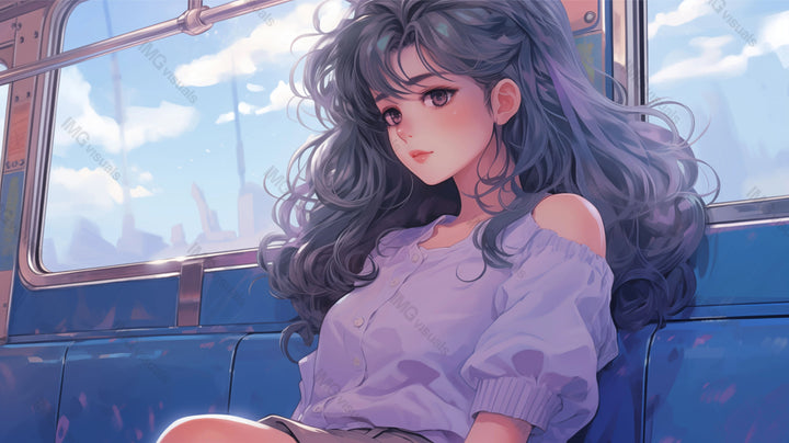 Anime girl with wavy hair seated pensively on bus ai generated 2D cartoon illustration. Commuter train lofi wallpaper background lo-fi art. Cityscape clouds through window flat image cozy chill vibe