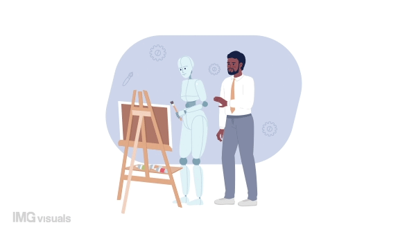 Animated AI text-to-image generator. Machine learning software for designing. 2D cartoon flat character 4K video footage on white with alpha channel transparency. Concept animation for web design