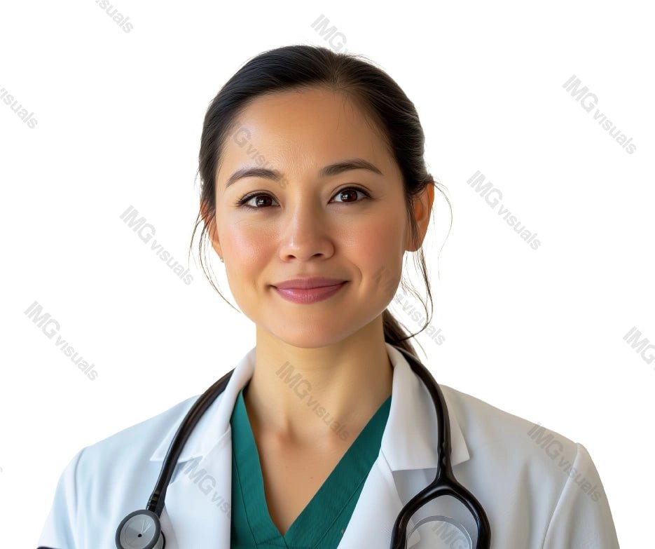Asian female doctor in white coat and stethoscope image isolated transparent, ai generated. Smiling physician woman cut out photo png. Hospital staff. Healthcare provider cutout photography