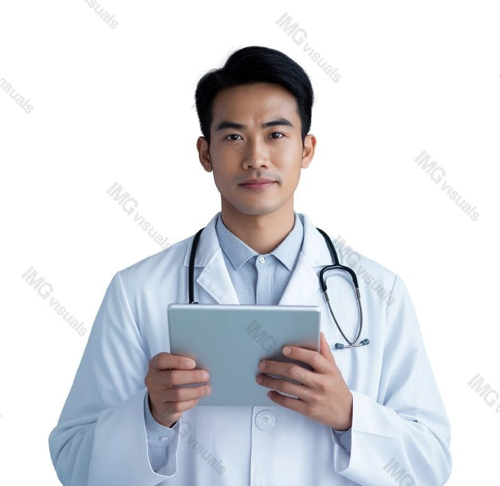 Asian male doctor holding digital tablet image isolated transparent, ai generated. Telehealth telemedicine. Physician man technology cut out photo png. Healthcare provider cutout photography