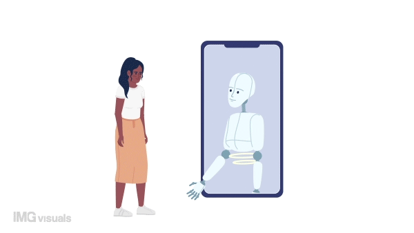 Animated AI virtual assistant. Office worker using application program. 2D cartoon flat character 4K video footage on white with alpha channel transparency. Concept animation for web design