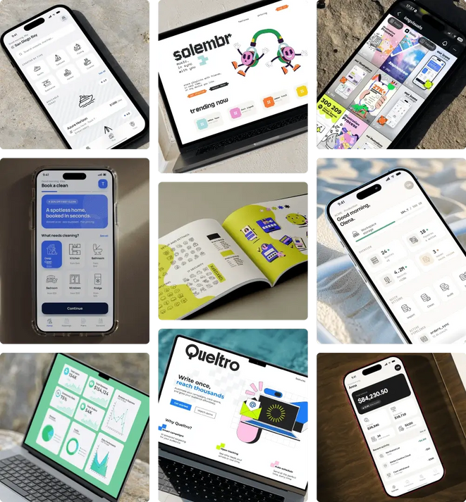 Custom illustrations, icons and infographics by IMG Visuals shown in mobile apps, presentations and print materials