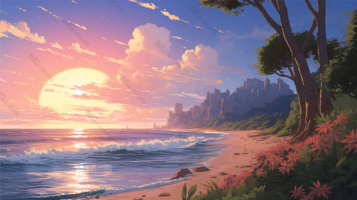 Beachside sunset with city skyline behind ai generated 2D cartoon illustration. Evening coast tropical lofi wallpaper background lo-fi art. Coastal city oceanside flat image cozy chill vibe