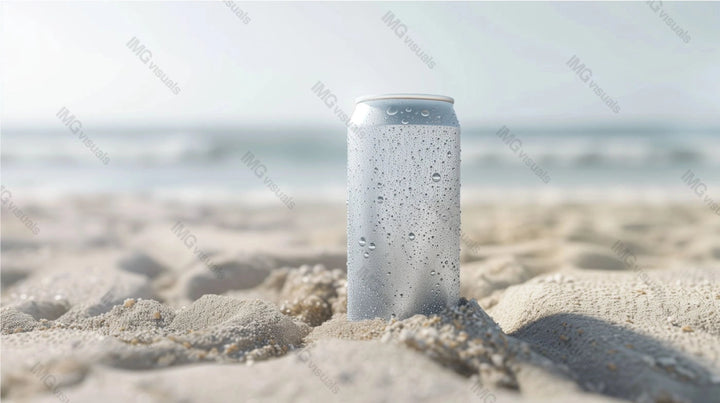 Beverage can mockup covered in condensation, placed on sandy beach with ocean, ai generated. Cool drink template advertising image. Refreshing and relaxing summer vibe mock up product photorealistic