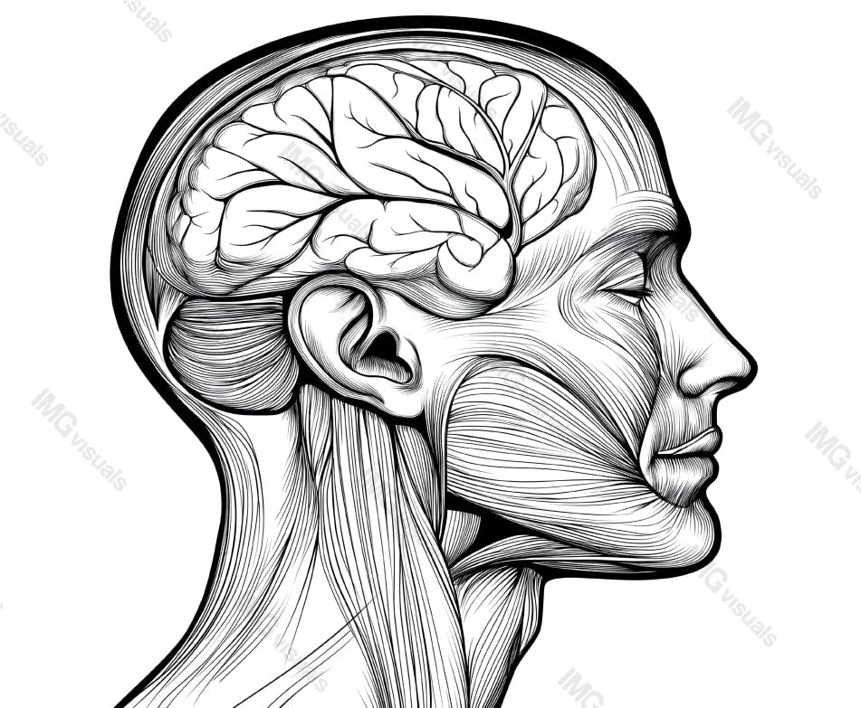 Black-and-white anatomical head brain and muscles transparent image, ai generated. Human anatomy isolated cutout. Scientific sketch. Side profile. Medical drawing cut out clipart design element png