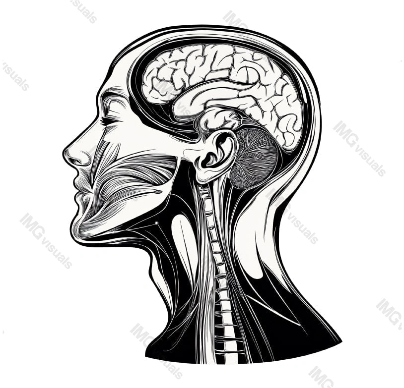 Black and white anatomical head with brain and spine transparent image, ai generated. Profile human facial muscles isolated cutout. Anatomy study. Medical drawing cut out clipart design element png