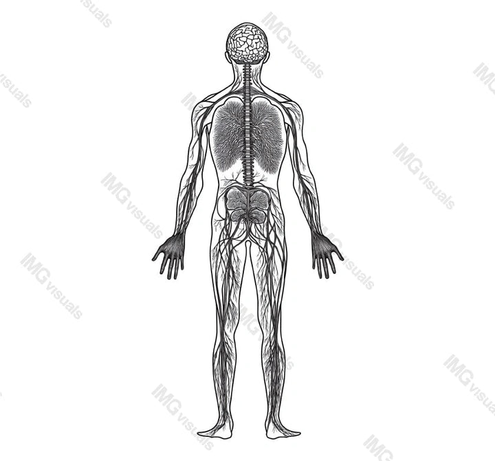Black and white anatomical human nervous system diagram transparent image, ai generated. Brain, spinal cord, peripheral nerves isolated cutout. Anatomy reference cut out clipart design element png