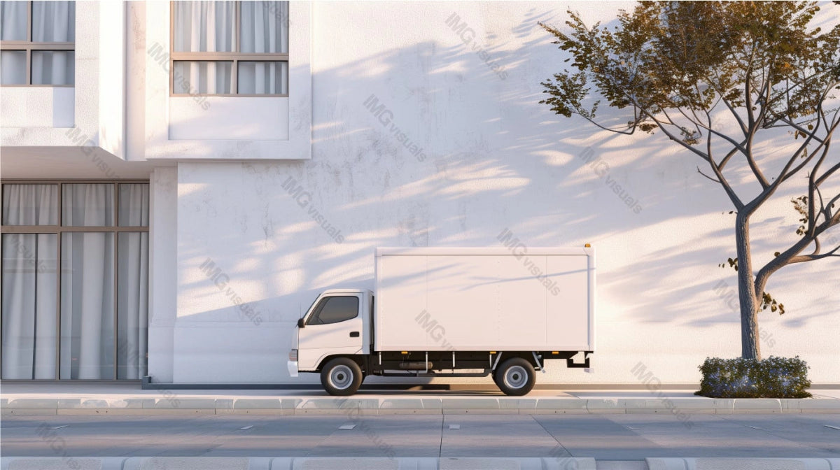 Blank delivery truck mockup parked beside modern white building, ai generated. Contemporary architecture, minimalistic design. Lorry template advertising image. Vehicle mock up product photorealistic
