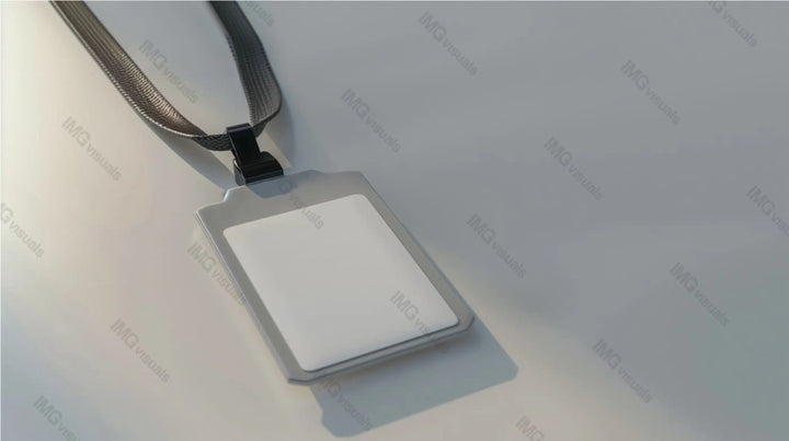 Blank ID badge mockup with gray lanyard under soft lighting, ai generated. For various professional uses. Customizable card template advertising image. Event pass mock up product photorealistic