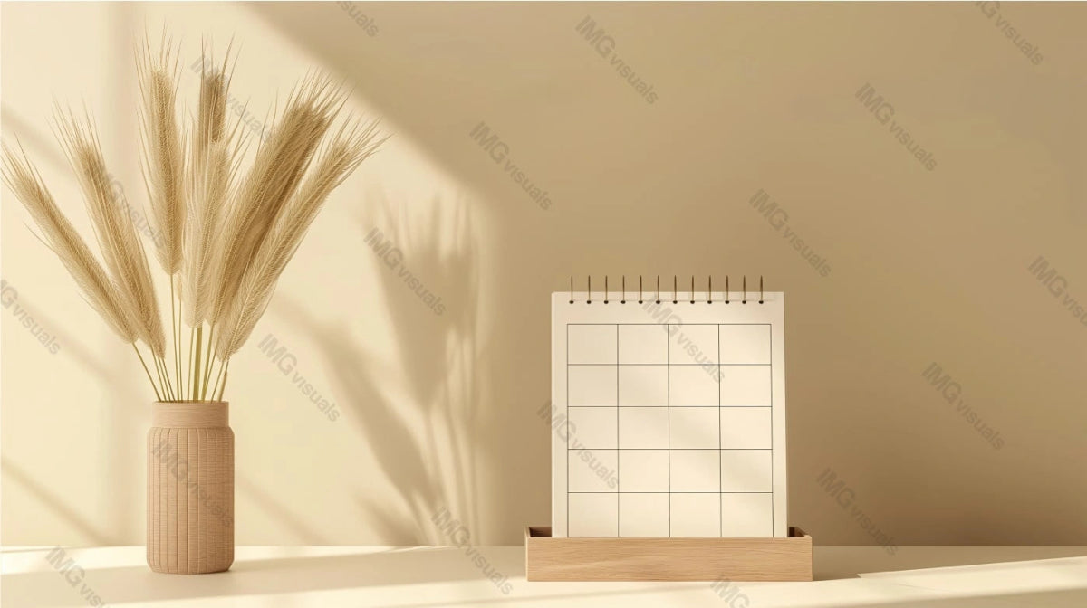 Blank spiral calendar mockup in wooden holder and vase with dried wheat, ai generated. Bathed in warm sunlight minimalist desk setup template advertising image. Simple tranquil workspace mock up
