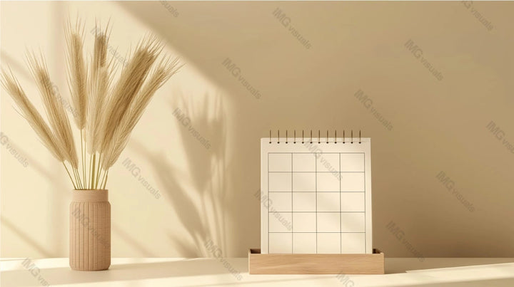 Blank spiral calendar mockup in wooden holder and vase with dried wheat, ai generated. Bathed in warm sunlight minimalist desk setup template advertising image. Simple tranquil workspace mock up