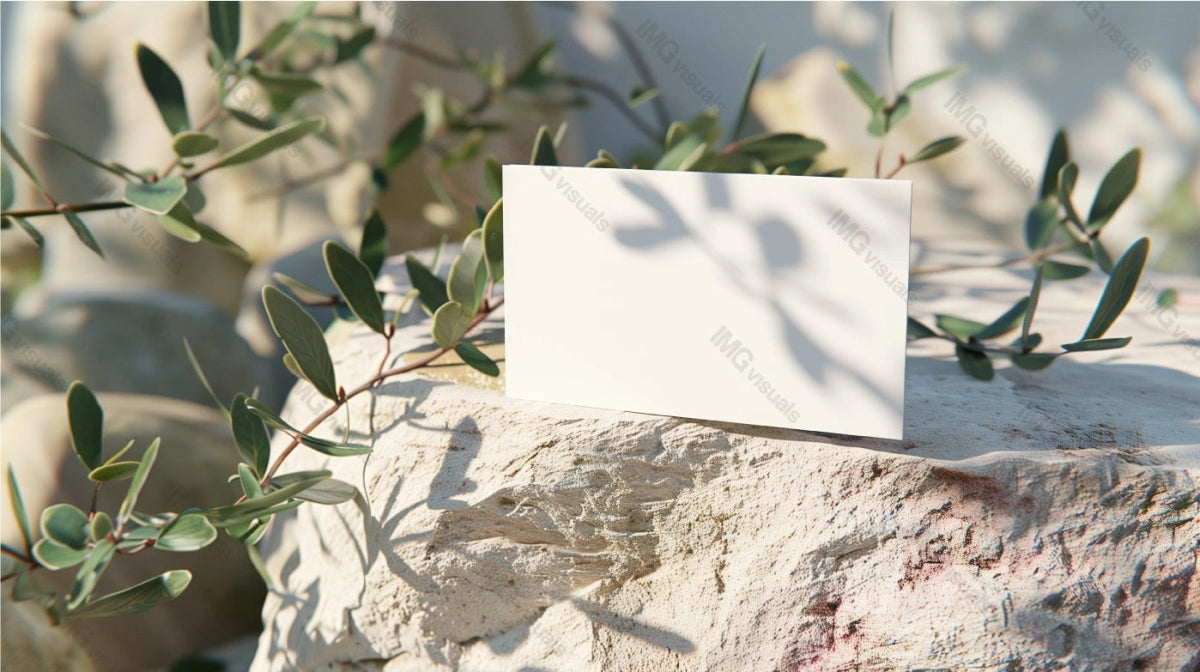 Blank white card mockup on stone surface surrounded by green foliage, ai generated. Natural light and shadows businesscard template advertising image. Stationary mock up product photorealistic