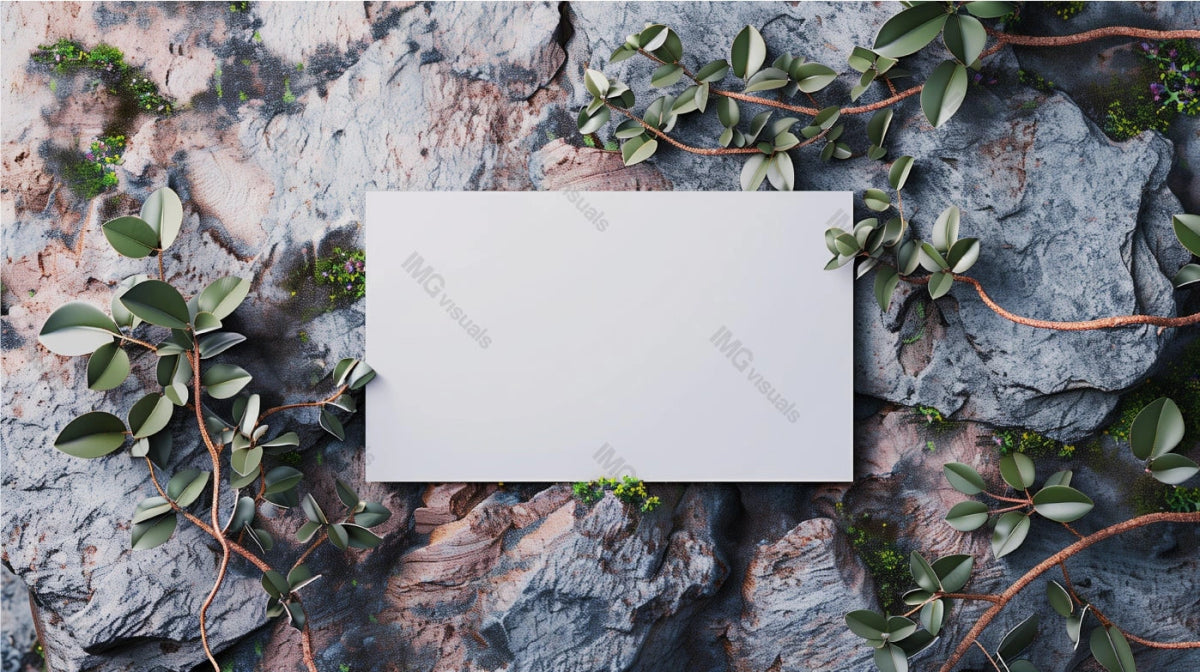 Blank white card mockup placed on rocky surface adorned with leaves, ai generated. Natural setting. Simplicity of businesscard template advertising image. Stationary mock up product photorealistic