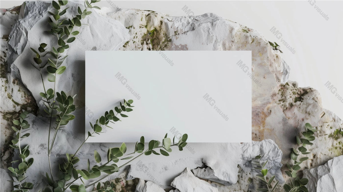 Blank white card mockup positioned on moss stone with foliage plants, ai generated. Organic elements and clean design invitation template advertising image. Stationary mock up product photorealistic