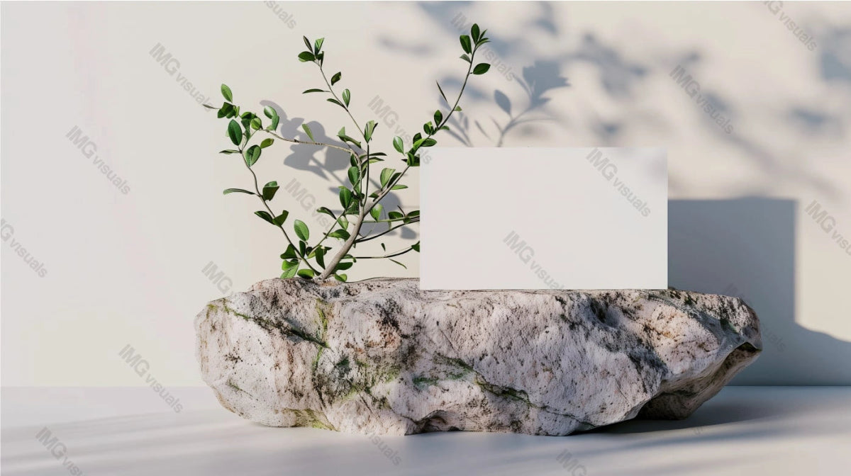 Blank white card mockup stands upright on textured stone with green foliage, ai generated. Shadows on neutral background. Businesscard template advertising image. Stationary mock up photorealistic
