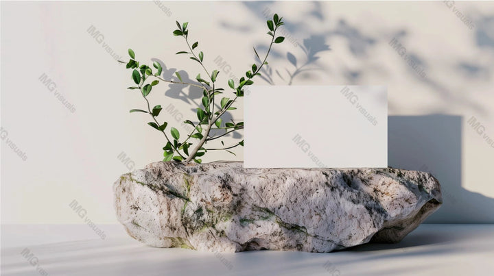 Blank white card mockup stands upright on textured stone with green foliage, ai generated. Shadows on neutral background. Businesscard template advertising image. Stationary mock up photorealistic