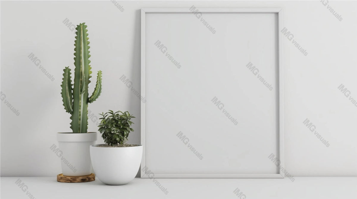 Blank white frame mockup paired with two potted succulent plants, ai generated. Modern and clean framework aesthetic template advertising image. Framed decoration mock up product photorealistic