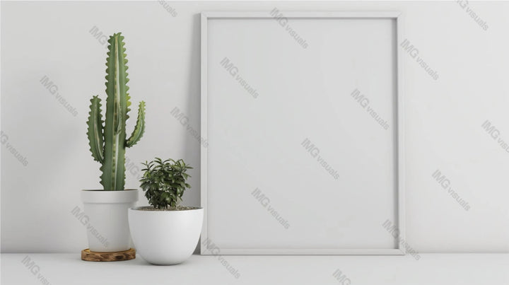 Blank white frame mockup paired with two potted succulent plants, ai generated. Modern and clean framework aesthetic template advertising image. Framed decoration mock up product photorealistic