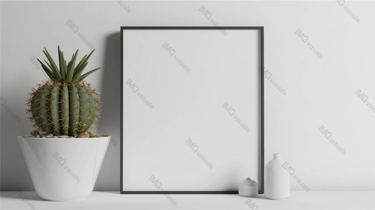 Blank white frame mockup placed next to large potted cactus, ai generated. Clean minimalist background. Contemporary style template advertising image. Interior design mock up product photorealistic