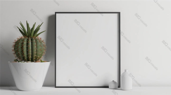 Blank white frame mockup placed next to large potted cactus, ai generated. Clean minimalist background. Contemporary style template advertising image. Interior design mock up product photorealistic
