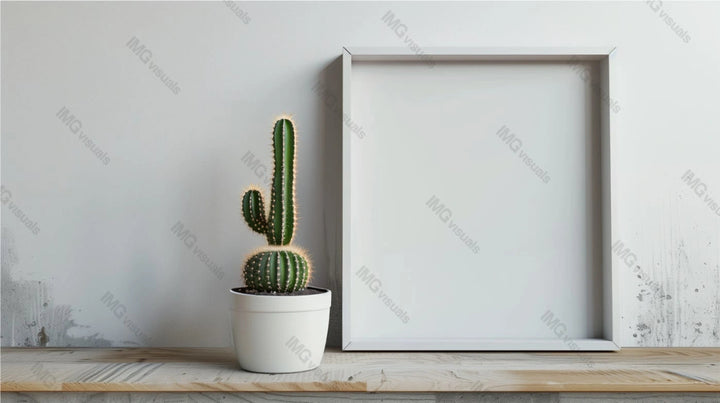 Blank white frame mockup stands beside tall slender cactus in white pot, ai generated. Rustic wooden surface. Minimalist arrangement template advertising image. Home decor mock up photorealistic