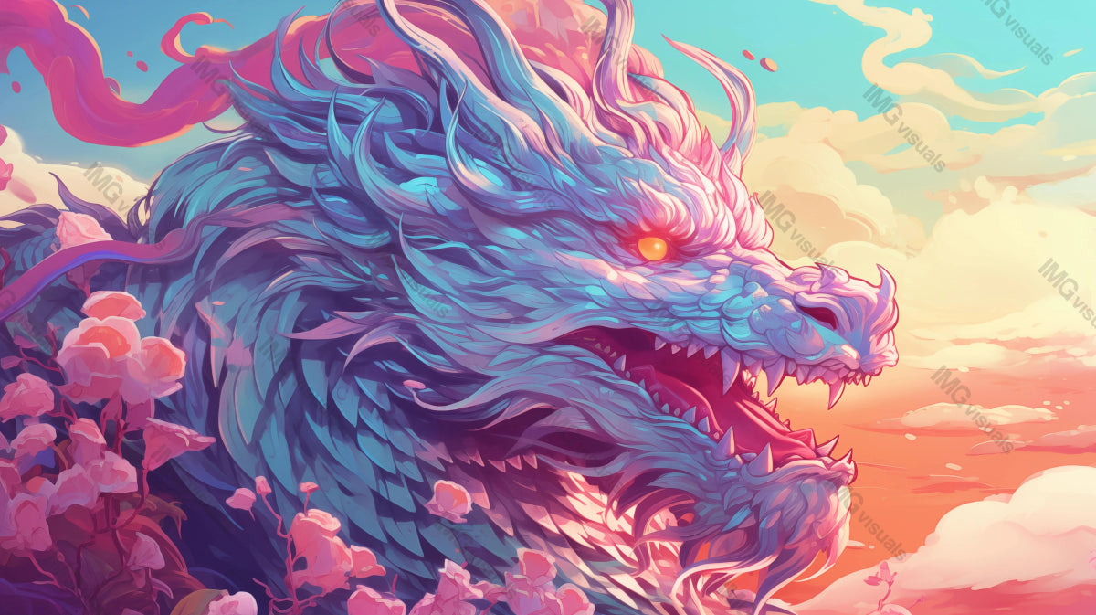 Blue dragon amidst clouds and cherry blossoms ai generated 2D cartoon illustration. Mythical beast sunset lofi wallpaper background lo-fi art. Sun casting warm glow flat image cozy chill vibe