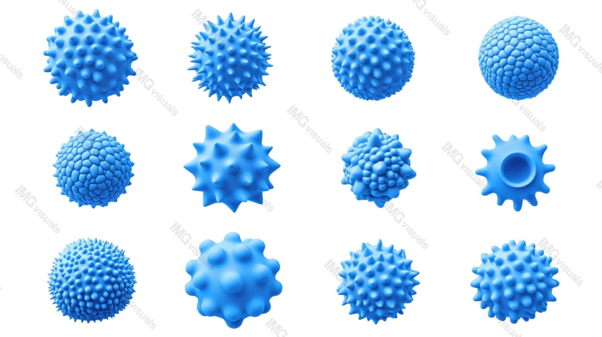 Blue virus variants with unique textures transparent image set, ai generated. Bacterial infection pathogens isolated cutouts 3d render. Biotechnology cut outs cliparts design elements png collection