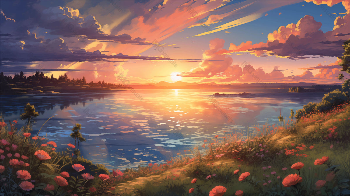 Breathtaking sunrise over rippling lake ai generated 2D cartoon illustration. Foreground blooms, scattered clouds lofi wallpaper background lo-fi art. Morning blossoms flat image cozy chill vibe