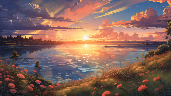 Breathtaking sunrise over rippling lake ai generated 2D cartoon illustration. Foreground blooms, scattered clouds lofi wallpaper background lo-fi art. Morning blossoms flat image cozy chill vibe