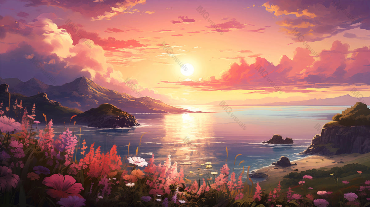 Breathtaking sunset over coastal landscape ai generated 2D cartoon illustration. Warm glow illuminating flora and sea lofi wallpaper background lo-fi art. Peaceful coast flat image cozy chill vibe