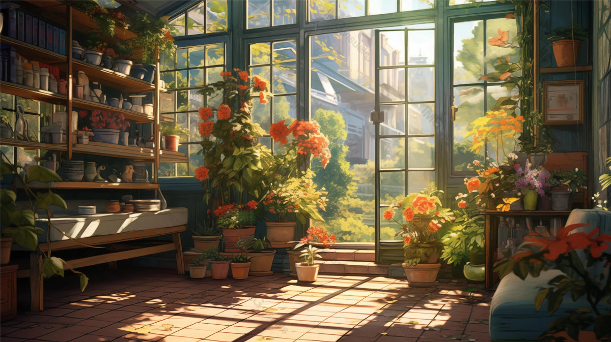 Bright botanical room with blooming plants ai generated 2D cartoon illustration. City glimpse through large windows lofi wallpaper background lo-fi art. Flowering pots flat image cozy chill vibe
