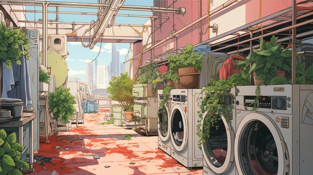 Bright sunlight above plant adorned laundromat ai generated 2D cartoon illustration. Green interior laundry room lofi wallpaper background lo-fi art. City chores laundrette flat image cozy chill vibe