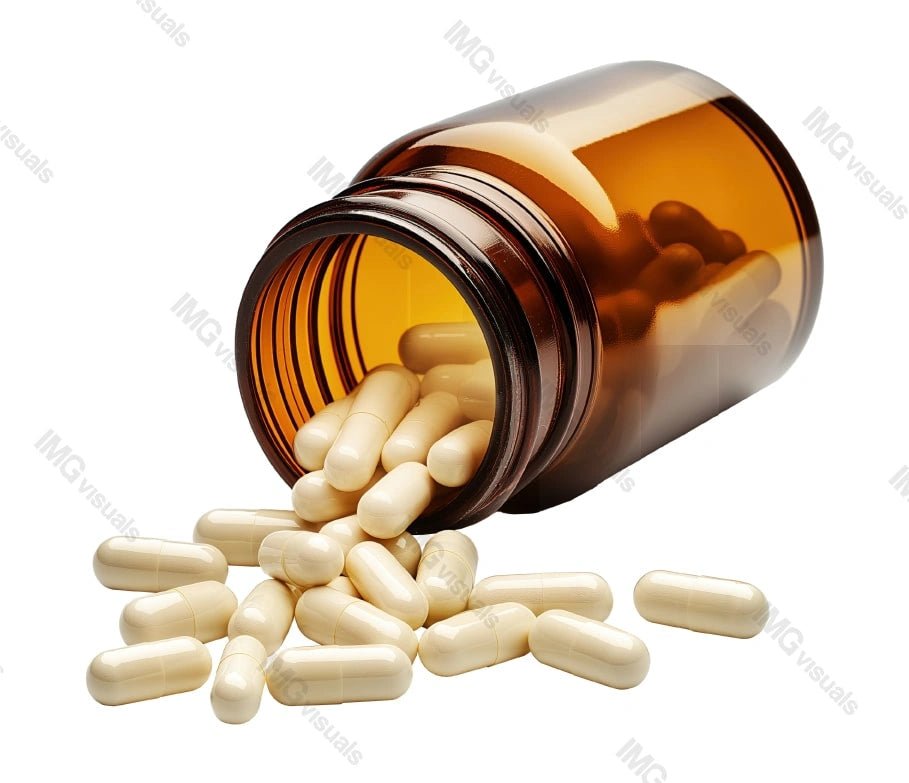 Brown pharmaceutical bottle spilling white capsules transparent image, ai generated. Health supplements isolated cutout 3d render. Medical treatment container cut out clipart design element png
