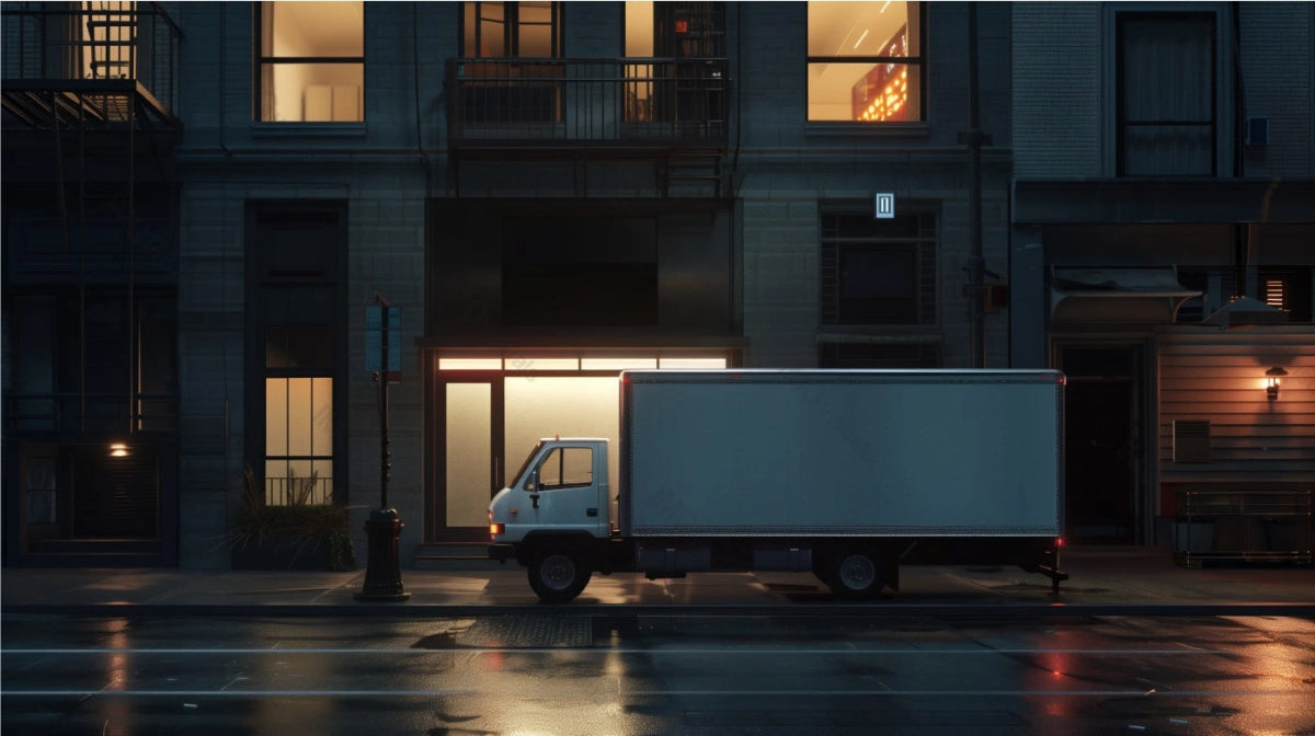 Business truck mockup at night in front of building with illuminated windows, ai generated. Wet pavement and glowing lights. Lorry template advertising image. Vehicle mock up photorealistic