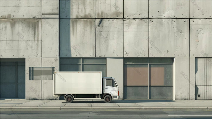 Business truck mockup parked in front of concrete industrial building, ai generated. Urban logistics. Lorry template advertising image. weathered wall. Commercial vehicle mock up photorealistic
