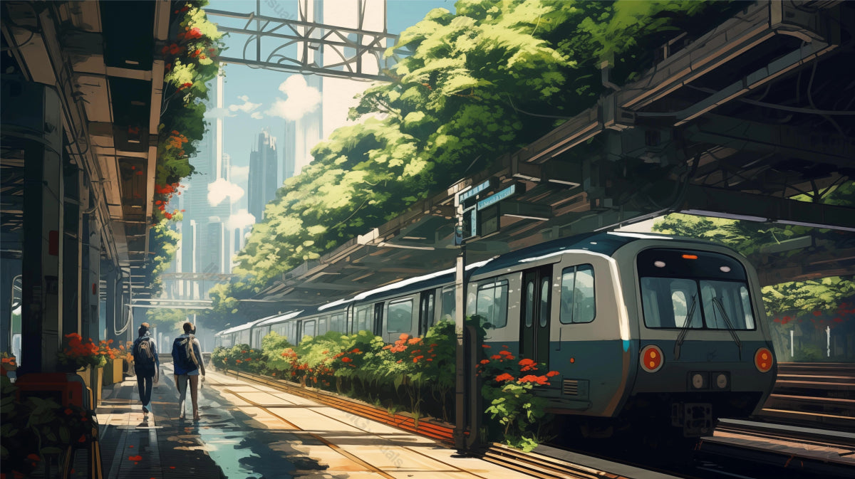 Bustling city station with train amidst greenery ai generated 2D cartoon illustration. Eco design architectural overpasses lofi wallpaper background lo-fi art. Commuting flat image cozy chill vibe