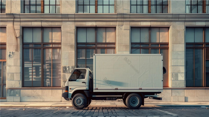Cargo truck mockup parked beside classic stone building with large windows, ai generated. Historic architecture and modern utility. Lorry template advertising image. Vehicle mock up photorealistic
