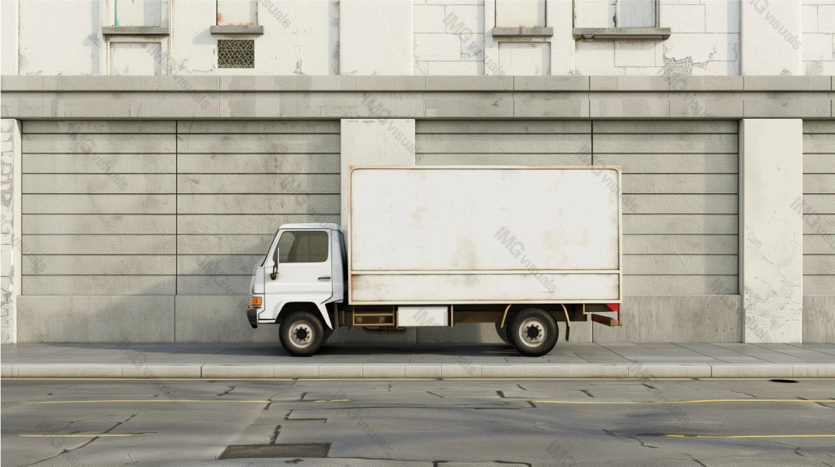 Cargo truck mockup parked beside worn-out, weathered concrete wall, ai generated. Urban environment with gritty, aged appearance. Lorry template advertising image. Vehicle mock up photorealistic