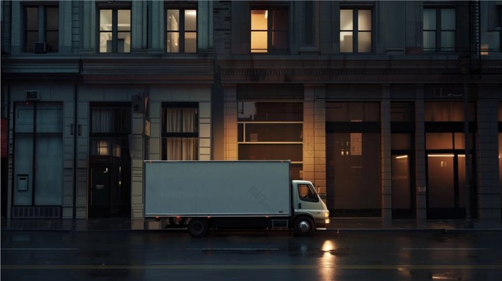 Cargo truck mockup parked in front of large illuminated building at night, ai generated. Quiet urban street, lights in windows. Lorry template advertising image. Vehicle mock up photorealistic