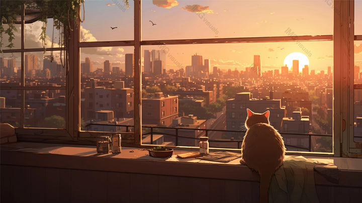 Cat watches warm urban sunset from windowsill ai generated 2D cartoon illustration. Golden hour city skyline lofi wallpaper background lo-fi art. Cityscape dusk kitten flat image cozy chill vibe