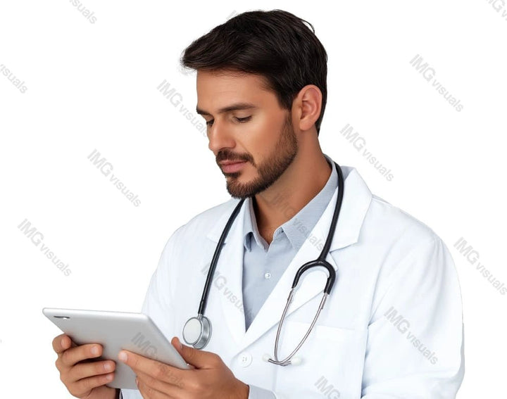 Caucasian male doctor using digital tablet image isolated transparent, ai generated. Telemedicine expert physician assistant stethoscope man cut out photo png. Healthcare provider cutout photography