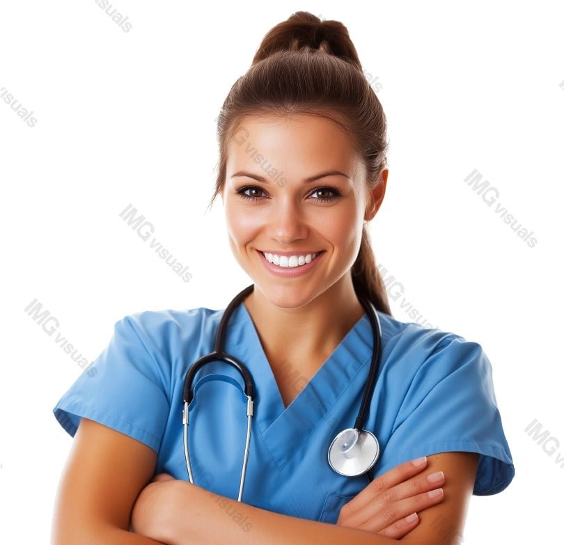 Cheerful young adult nurse in blue scrubs with stethoscope image isolated transparent, ai generated. Professional caregiver. Nursing career cut out photo png. Healthcare provider cutout photography