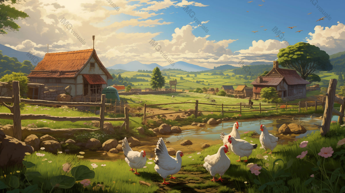 Chickens graze near cottage in pastoral farm ai generated 2D cartoon illustration. Agricultural life under sunny sky lofi wallpaper background lo-fi art. Green meadows flat image cozy chill vibe