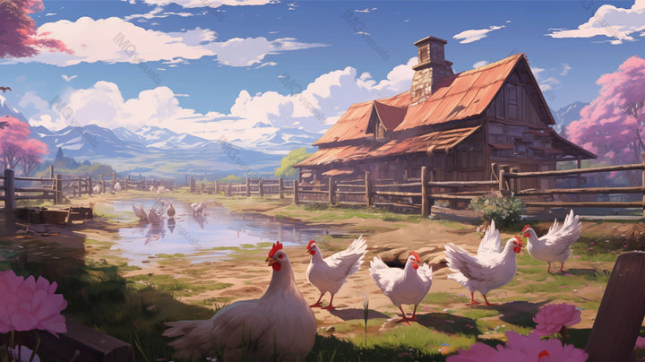 Chickens roam near wooden barn in rural landscape ai generated 2D cartoon illustration. Mountain backdrop. Farm life lofi wallpaper background lo-fi art. Poultry outdoors flat image cozy chill vibe