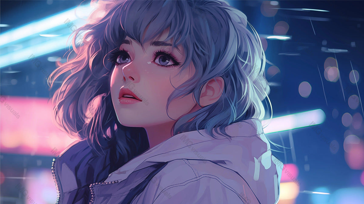 Close-up pensive anime girl in neon city lights ai generated 2D cartoon illustration. Female dreamy expression lofi wallpaper background lo-fi art. Manga style urban flat image cozy chill vibe