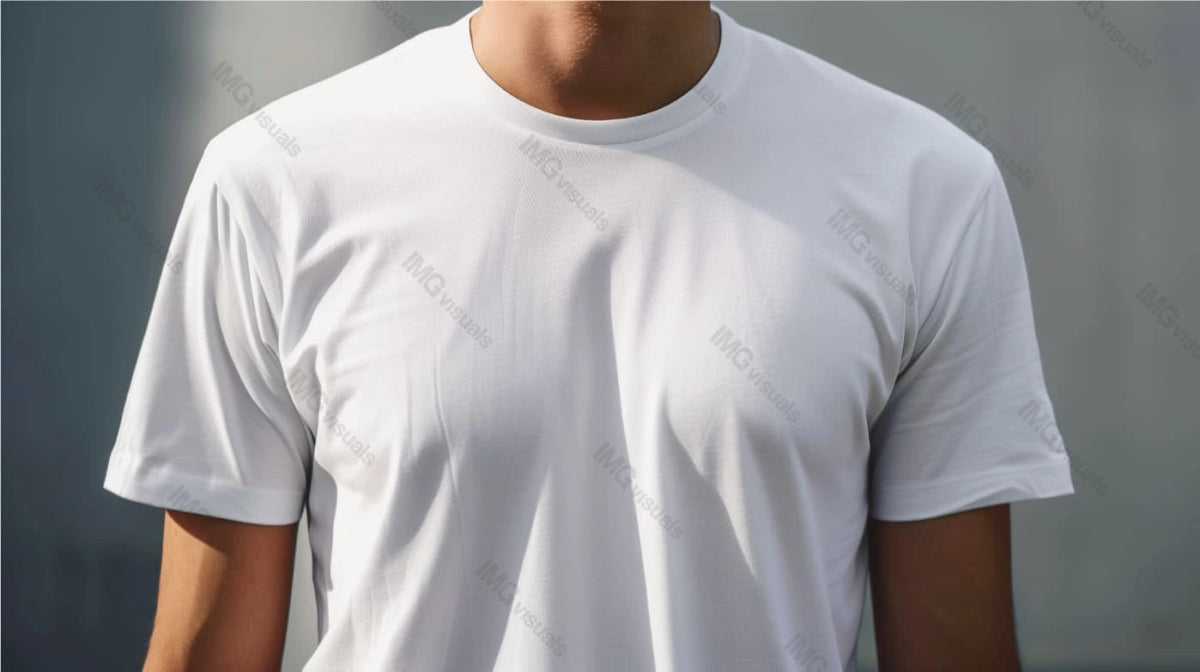 Close-up view of man upper body wearing plain white t-shirt mockup, ai generated. Texture and fit of tshirt template advertising image. Simplicity and comfort. Everyday wear mock up photorealistic